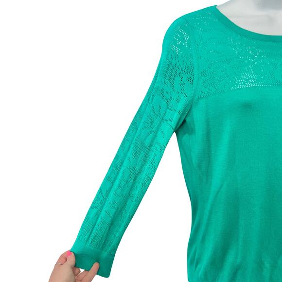 H&M Teal Lace Detail Yoke 3/4 Sleeve Knit Top Light Sweater size M Cotton Blend - Picture 3 of 9
